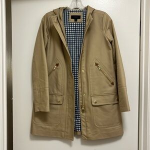 Jcrew camel/ tan knee length jacket with checkered blue lining